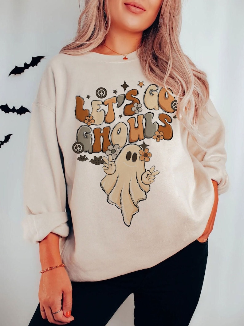 VINTAGE LETS GO GHOULS SWEATER, VINTAGE HALLOWEEN SWEATSHIRT